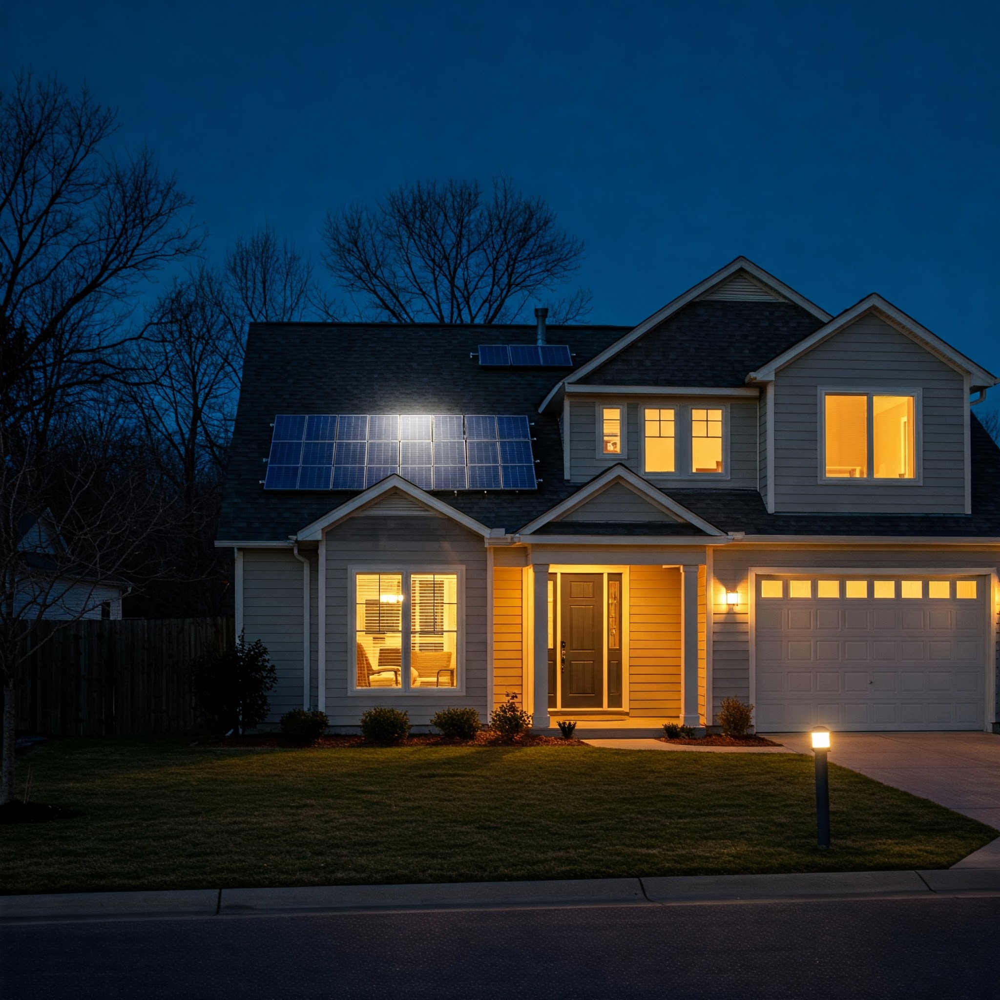Well lit home at night with solar panels on the roof