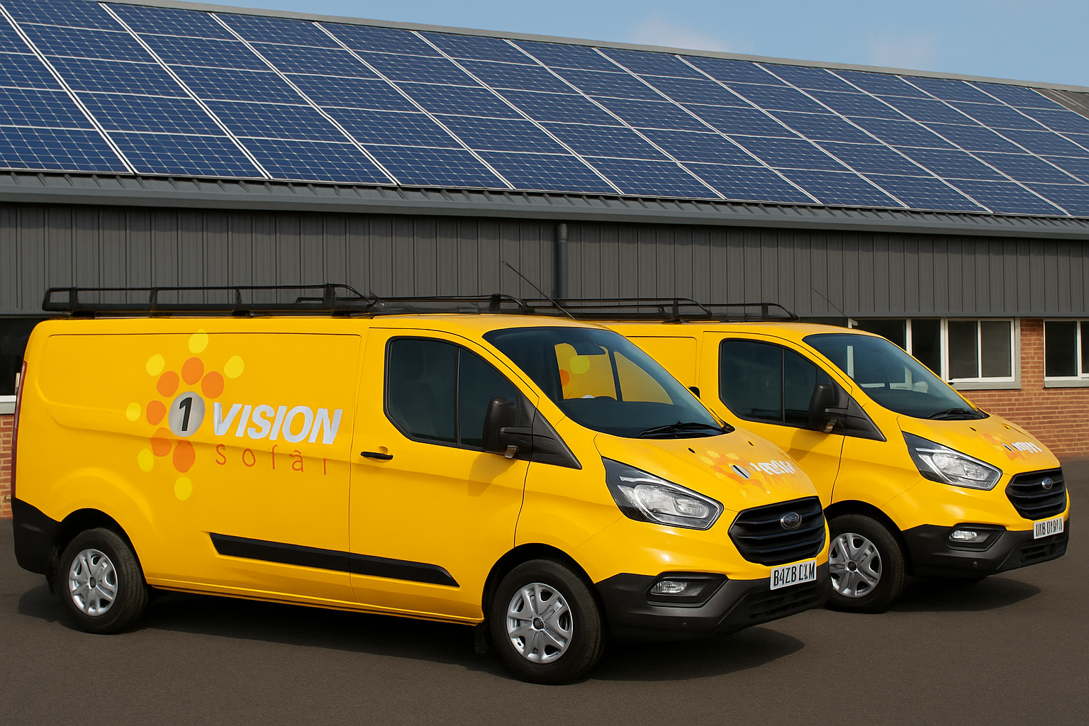 1 Vision Solar vans outside a commercial solar PV installation