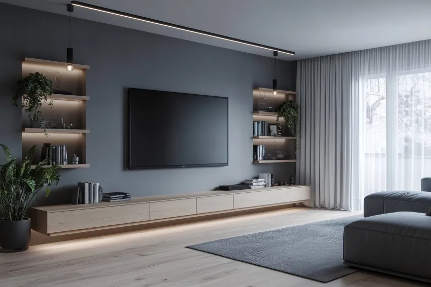 Modern living room large flat-screen TV mounted